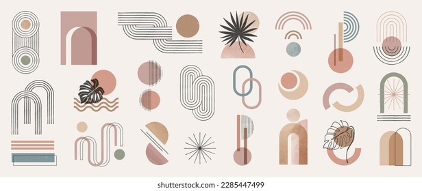 Hand drawn abstract minimal element mid century vector set. Aesthetic contemporary stripe line art, watercolor geometric shapes in earth tone. Art form design for wall art, decoration, wallpaper.