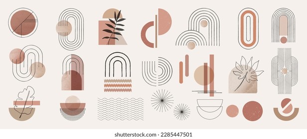 Hand drawn abstract minimal element mid century vector set. Aesthetic contemporary stripe line art, watercolor geometric shapes in earth tone. Art form design for wall art, decoration, wallpaper.