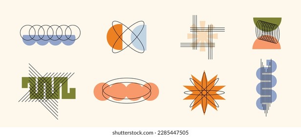 Hand drawn abstract minimal element mid century vector set. Aesthetic contemporary stripe line art, Geometric shapes in earth tone. Art form design for wall art, decoration, wallpaper.