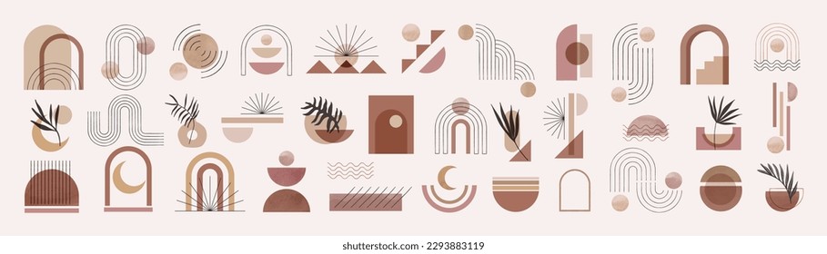 Conjunto de vectores abstracto de elementos mínimos dibujados a mano a mediados de siglo. Arte estético contemporáneo de rayas, formas geométricas de acuarela en tono de tierra. Diseño artístico para el arte de la pared, decoración, papel pintado.