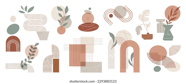 Hand drawn abstract minimal element mid century vector set. Aesthetic contemporary stripe line art, geometric shapes in earth tone. Art form design for wall art, decoration, wallpaper.