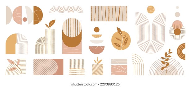 Hand drawn abstract minimal element mid century vector set. Aesthetic contemporary stripe line art, geometric shapes in earth tone. Art form design for wall art, decoration, wallpaper.