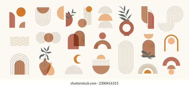 Hand drawn abstract minimal element mid century vector set. Aesthetic contemporary stripe line art, watercolor geometric shapes in earth tone. Art form design for wall art, decoration, wallpaper.