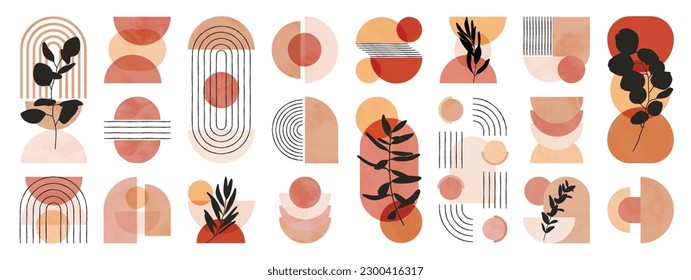 Hand drawn abstract minimal element mid century vector set. Aesthetic contemporary stripe line art, watercolor geometric shapes in earth tone. Art form design for wall art, decoration, wallpaper.