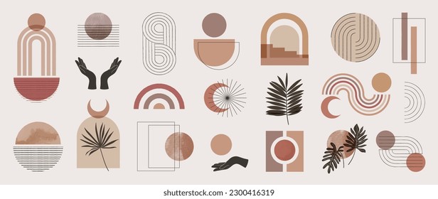 Hand drawn abstract minimal element mid century vector set. Aesthetic contemporary stripe line art, watercolor geometric shapes in earth tone. Art form design for wall art, decoration, wallpaper.