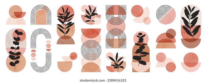 Hand drawn abstract minimal element mid century vector set. Aesthetic contemporary stripe line art, watercolor geometric shapes in earth tone. Art form design for wall art, decoration, wallpaper.