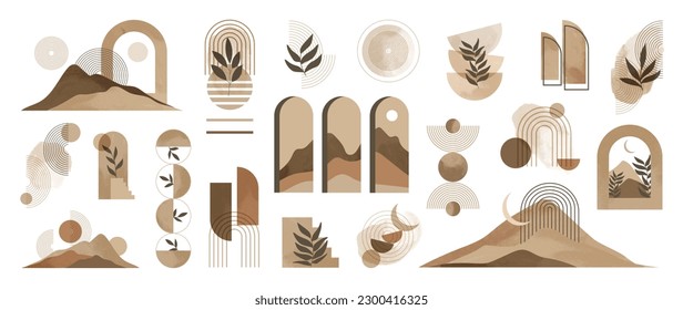 Hand drawn abstract minimal element mid century vector set. Aesthetic contemporary stripe line art, watercolor geometric shapes in earth tone. Art form design for wall art, decoration, wallpaper.