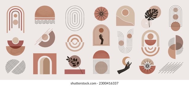 Hand drawn abstract minimal element mid century vector set. Aesthetic contemporary stripe line art, watercolor geometric shapes in earth tone. Art form design for wall art, decoration, wallpaper.