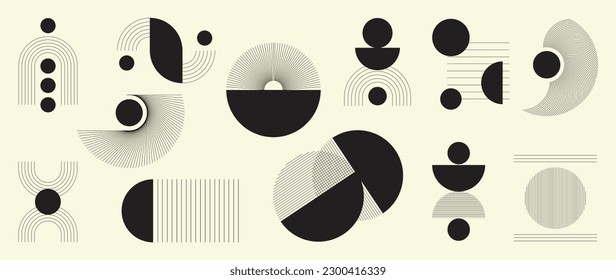 Conjunto de vectores abstracto de elementos mínimos dibujados a mano a mediados de siglo. Arte estético contemporáneo de rayas, forma geométrica en monocromo, negro y blanco. Diseño artístico para el arte de la pared, decoración, papel pintado.