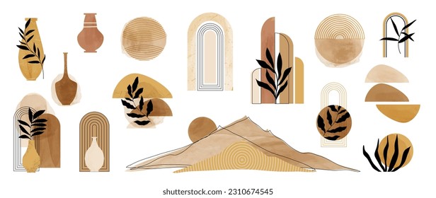 Hand drawn abstract minimal element mid century vector set. Aesthetic contemporary stripe line art, watercolor geometric shapes, mountain in earth tone. Design for wall art, decoration, wallpaper.