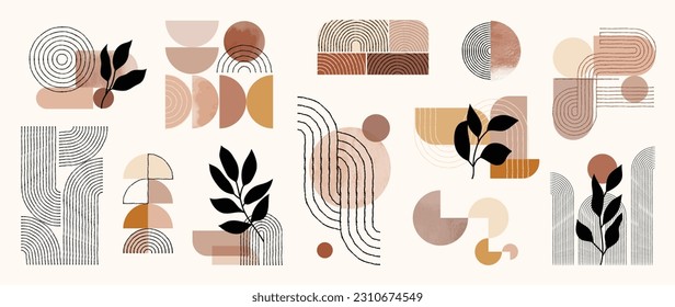 Hand drawn abstract minimal element mid century vector set. Aesthetic contemporary stripe line art, watercolor geometric shapes, leaf in earth tone. Design for wall art, decoration, wallpaper.