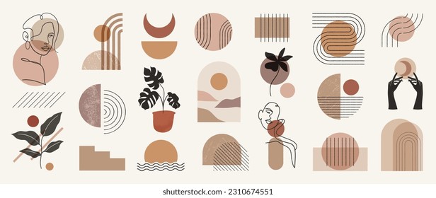 Hand drawn abstract minimal element mid century vector set. Aesthetic contemporary stripe line art, watercolor geometric shapes, women in earth tone. Design for wall art, decoration, wallpaper.
