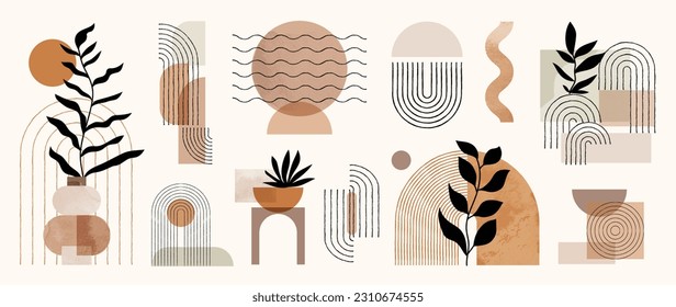 Hand drawn abstract minimal element mid century vector set. Aesthetic contemporary stripe line art, watercolor geometric shapes, leaf in earth tone. Design for wall art, decoration, wallpaper.