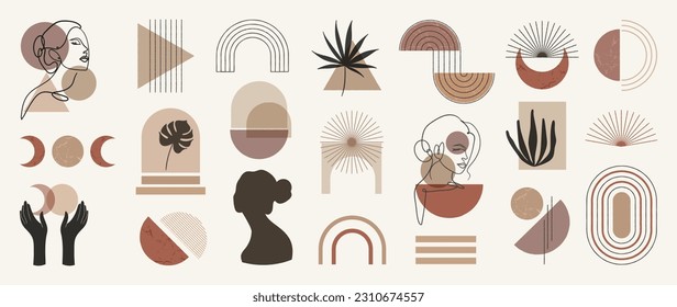 Conjunto de vectores abstracto de elementos mínimos dibujados a mano a mediados de siglo. Arte estético contemporáneo de rayas, formas geométricas de acuarela, mujeres en tono de tierra. Diseño de arte mural, decoración, papel pintado.