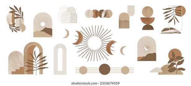 Hand drawn abstract minimal element mid century vector set. Aesthetic contemporary stripe line art, watercolor geometric shapes, mountain in earth tone. Design for wall art, decoration, wallpaper.