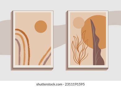 Hand drawn abstract minimal element mid century vector set. Aesthetic contemporary stripe line art, watercolor geometric shapes in earth tone. Art form design for wall art, decoration, wallpaper.