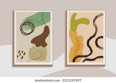Conjunto de vectores abstracto de elementos mínimos dibujados a mano a mediados de siglo. Arte estético contemporáneo de rayas, formas geométricas de acuarela en tono de tierra. Diseño artístico para el arte de la pared, decoración, papel pintado.