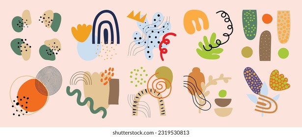 Hand drawn abstract minimal element boho vector set. Aesthetic contemporary stripe line art, organic shapes, scribbles, flowers in earth tone. Art form design for wall art, decoration, wallpaper.