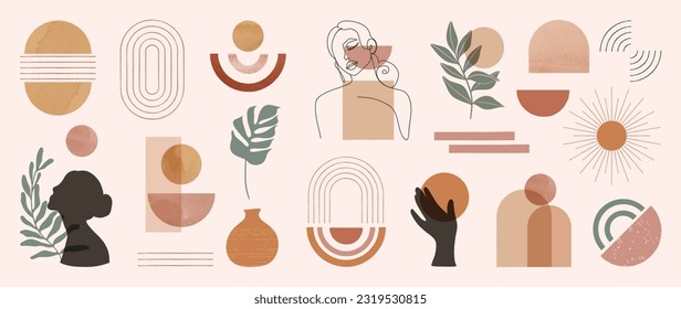 Hand drawn abstract minimal element mid century vector set. Aesthetic contemporary stripe line art, watercolor geometric shapes, women in earth tone. Design for wall art, decoration, wallpaper.