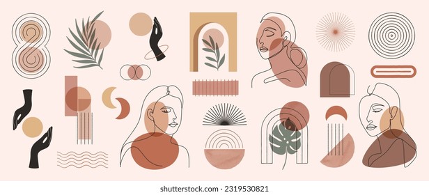 Hand drawn abstract minimal element mid century vector set. Aesthetic contemporary stripe line art, watercolor geometric shapes, women in earth tone. Design for wall art, decoration, wallpaper.