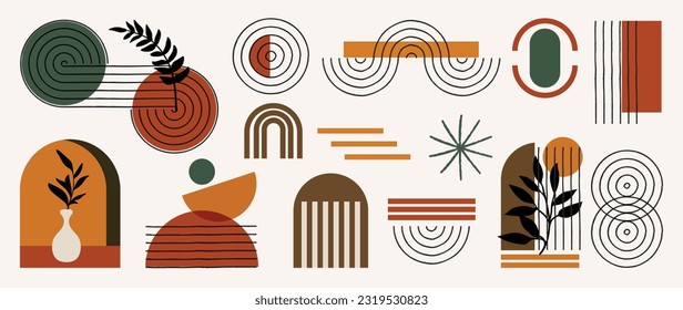 Hand drawn abstract minimal element boho vector set. Aesthetic contemporary stripe line art, organic shapes, scribbles, leaf in earth tone. Art form design for wall art, decoration, wallpaper.