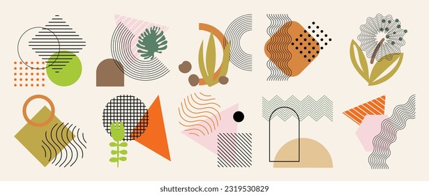 Hand drawn abstract minimal element boho vector set. Aesthetic contemporary stripe line art, geometric shapes, flowers. zig zag in earth tone. Art form design for wall art, decoration, wallpaper.
