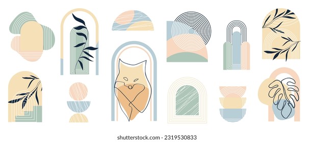 Hand drawn abstract minimal element boho vector set. Aesthetic contemporary stripe line art, organic shapes, scribbles, fox, leaf in earth tone. Art form design for wall art, decoration, wallpaper.