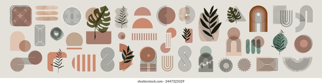 Conjunto de Vector dibujado a mano de elemento mínimo abstracto de mediados de siglo. Abstractas póster geométrico de Formas naturales ambientado en estilo de mediados de siglo. 