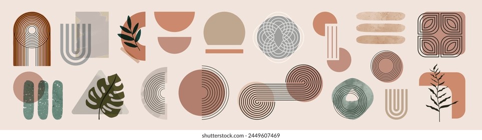 Conjunto de Vector dibujado a mano de elemento mínimo abstracto de mediados de siglo. Abstractas póster geométrico de Formas naturales ambientado en estilo de mediados de siglo. 