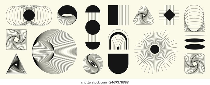 Hand drawn abstract minimal element mid century vector set. Aesthetic contemporary stripe line art, geometric shape in monochrome, black and white. Art form design for wall art, decoration, wallpaper.