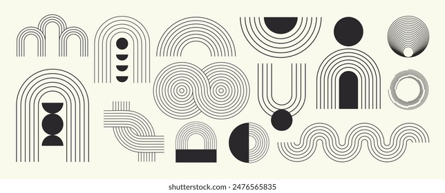 Hand drawn abstract minimal element mid century vector set. Aesthetic contemporary stripe line art, geometric shape in monochrome, black and white. Art form design for wall art, decoration, wallpaper.