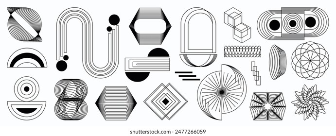 Hand drawn abstract minimal element mid century vector set. Aesthetic contemporary stripe line art, geometric shape in monochrome. Art form design for wall art, decoration, wallpaper.