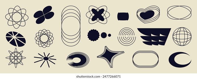Handgezeichnete abstrakte Minimalelement Mitte des Jahrhunderts Vektorgrafik Set. Ästhetische zeitgenössische Streifenlinienkunst, geometrische Form in Monochrom. Kunstform Design für Wandkunst, Dekoration, Bildschirmhintergrund.