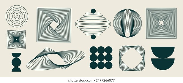 Hand drawn abstract minimal element mid century vector set. Aesthetic contemporary stripe line art, geometric shape in monochrome. Art form design for wall art, decoration, wallpaper.