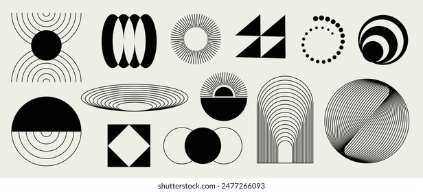 Hand drawn abstract minimal element mid century vector set. Aesthetic contemporary stripe line art, geometric shape in monochrome. Art form design for wall art, decoration, wallpaper.