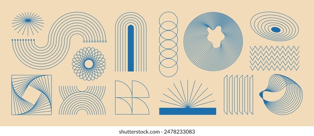 Hand drawn abstract minimal element mid century vector set. Aesthetic contemporary stripe line art, geometric shape in monochrome. Art form design for wall art, decoration, wallpaper.