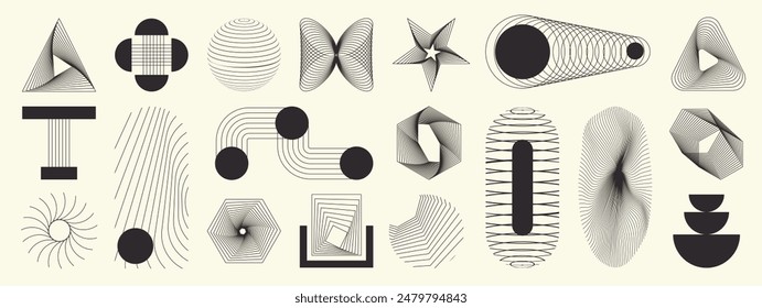 Hand drawn abstract minimal element mid century vector set. Aesthetic contemporary stripe line art, geometric shape in monochrome. Art form design for wall art, decoration, wallpaper.