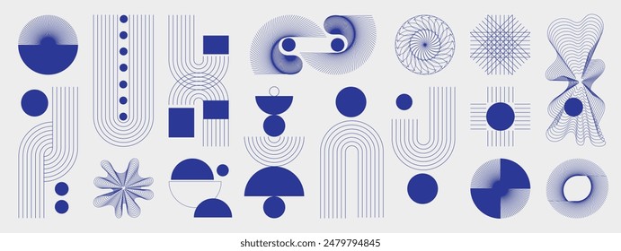 Hand drawn abstract minimal element mid century vector set. Aesthetic contemporary stripe line art, geometric shape in monochrome. Art form design for wall art, decoration, wallpaper.