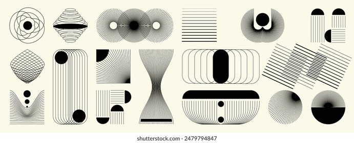 Hand drawn abstract minimal element mid century vector set. Aesthetic contemporary stripe line art, geometric shape in monochrome. Art form design for wall art, decoration, wallpaper.