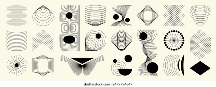 Hand drawn abstract minimal element mid century vector set. Aesthetic contemporary stripe line art, geometric shape in monochrome. Art form design for wall art, decoration, wallpaper.