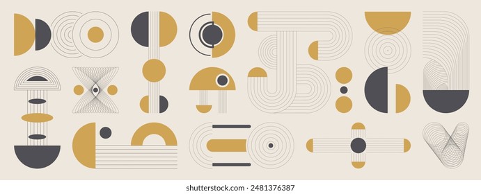 Conjunto de Vector dibujado a mano de elemento mínimo abstracto de mediados de siglo. Arte estético contemporáneo a rayas, forma geométrica en monocromo. Diseño de forma de arte para arte de pared, decoración, Fondo de pantalla.