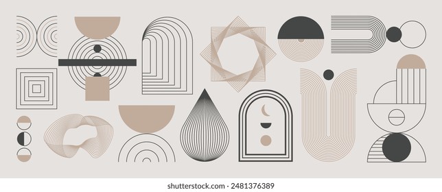 Conjunto de Vector dibujado a mano de elemento mínimo abstracto de mediados de siglo. Arte estético contemporáneo a rayas, forma geométrica en monocromo. Diseño de forma de arte para arte de pared, decoración, Fondo de pantalla.