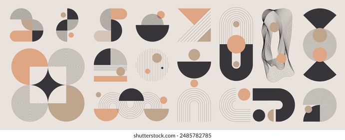 Hand drawn abstract minimal element mid century vector set. Aesthetic contemporary stripe line art, geometric shape in monochrome. Art form design for wall art, decoration, wallpaper.