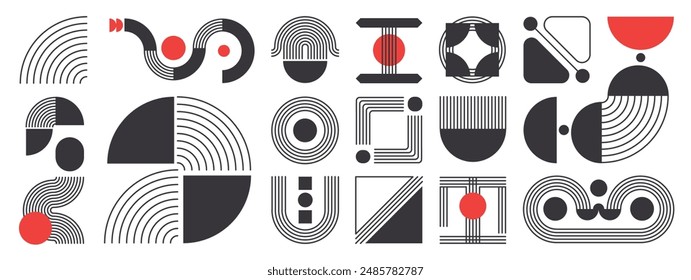 Hand drawn abstract minimal element mid century vector set. Aesthetic contemporary stripe line art, geometric shape in monochrome. Art form design for wall art, decoration, wallpaper.
