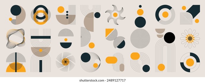 Conjunto de Vector dibujado a mano de elemento mínimo abstracto de mediados de siglo. Arte estético contemporáneo a rayas, forma geométrica en monocromo. Diseño de forma de arte para arte de pared, decoración, Fondo de pantalla.