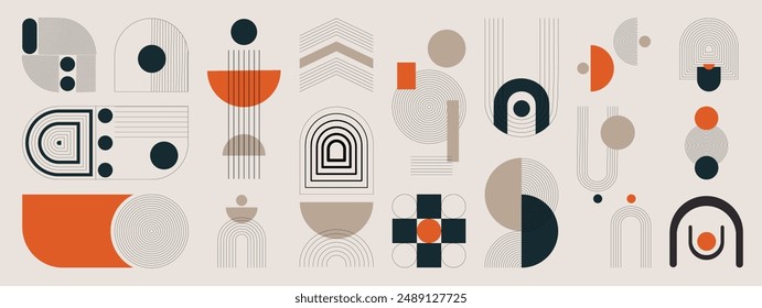 Hand drawn abstract minimal element mid century vector set. Aesthetic contemporary stripe line art, geometric shape in monochrome. Art form design for wall art, decoration, wallpaper.