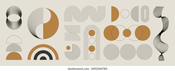 Hand drawn abstract minimal element mid century vector set. Aesthetic contemporary stripe line art, geometric shape in monochrome. Art form design for wall art, decoration, wallpaper.