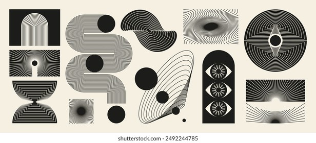 Conjunto de Vector dibujado a mano de elemento mínimo abstracto de mediados de siglo. Arte estético contemporáneo a rayas, forma geométrica en monocromo. Diseño de forma de arte para arte de pared, decoración, Fondo de pantalla.