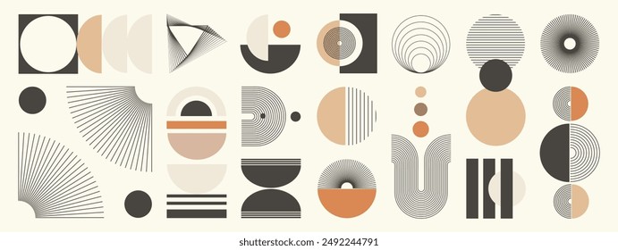 Hand drawn abstract minimal element mid century vector set. Aesthetic contemporary stripe line art, geometric shape in monochrome. Art form design for wall art, decoration, wallpaper.