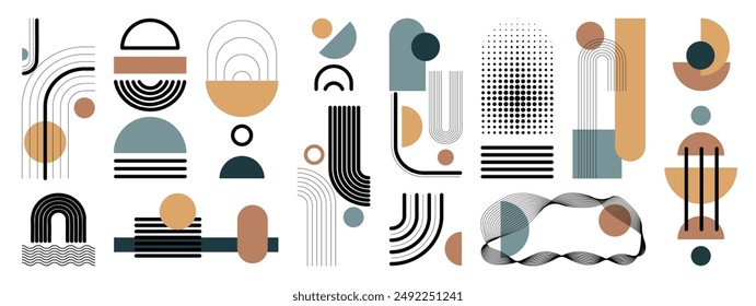 Hand drawn abstract minimal element mid century vector set. Aesthetic contemporary stripe line art, geometric shape in multicolor. Art form design for wall art, decoration, wallpaper.